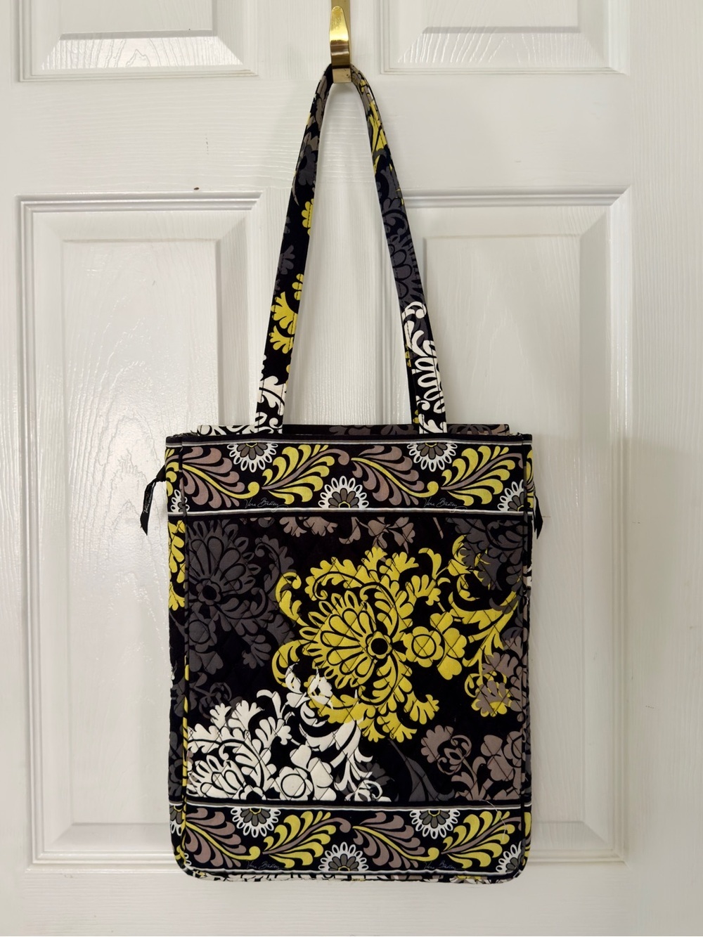 Vera Bradley Baroque Laptop Travel Tote with Yellow, Cream & Gray Floral Pattern